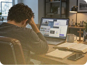 Person with a hand on their head at a laptop beside an open Bible, struggling to create faith content