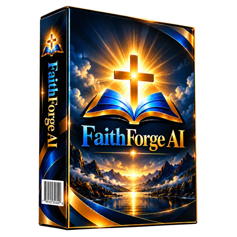 FaithForge AI product box with a golden cross and open Bible over a mountain sunrise