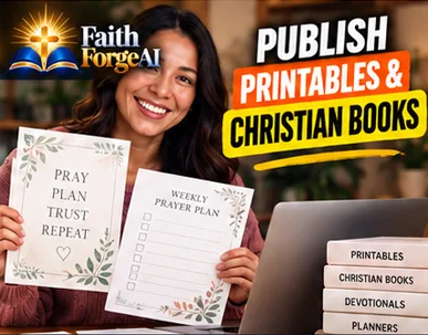 FaithForge AI Smiling woman holding printable prayer and weekly plan sheets beside the text Publish Printables and Christian Books