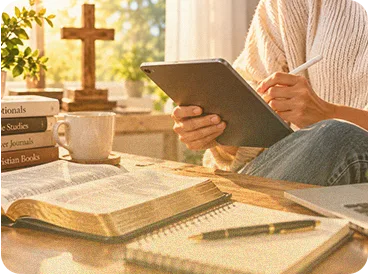 Person reading from a tablet beside an open Bible and a cross
