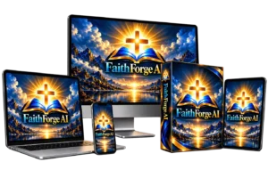 FaithForge AI review product mockup showing the faith content platform on a monitor, laptop, tablets, phone and product boxes
