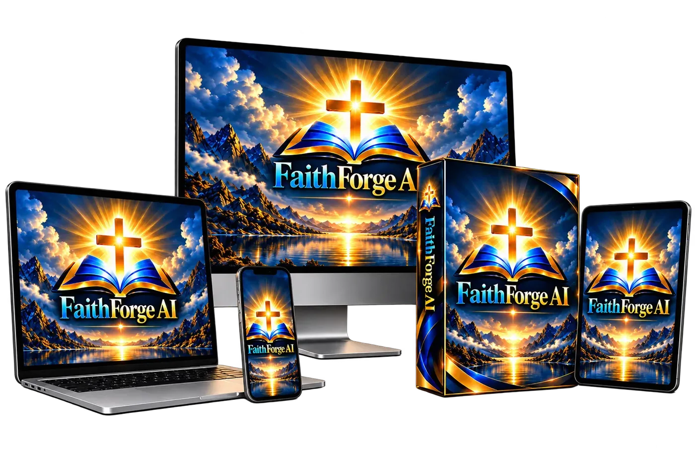 FaithForge AI review product mockup showing the faith content platform on a monitor, laptop, tablets, phone and product boxes