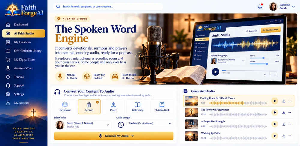 FaithForge AI The Spoken Word Engine screen with an audio player and voice options