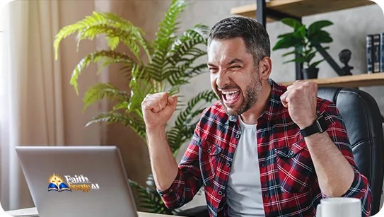 Excited man in a plaid shirt at a laptop showing the FaithForge AI logo