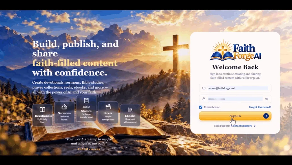 FaithForge AI welcome back screen with the text Build, publish, and share faith-filled content with confidence
