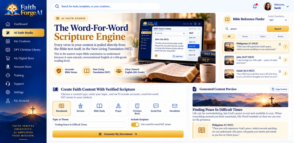 FaithForge AI The Word-For-Word Scripture Engine screen showing a verse lookup