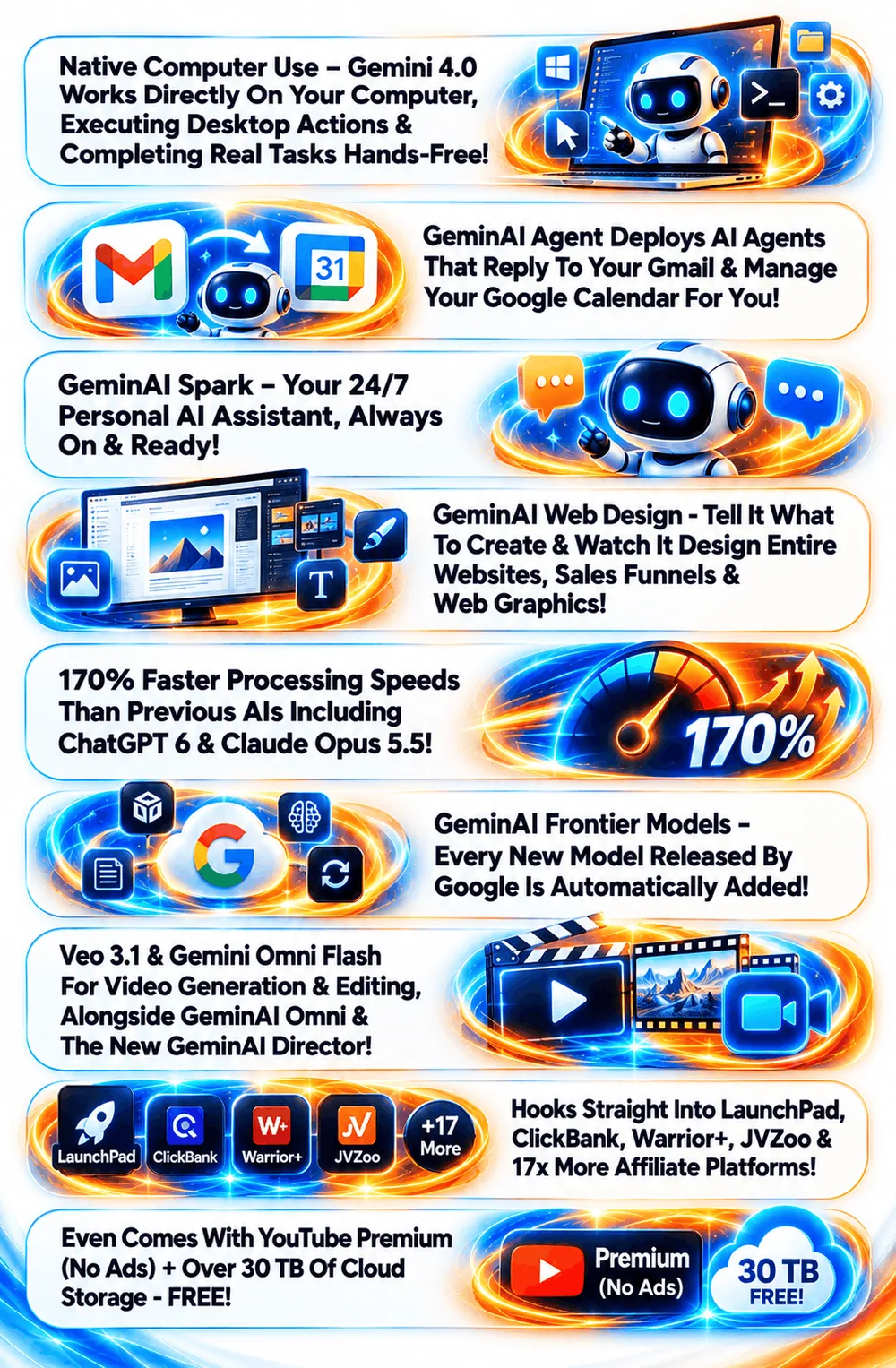 GeminAI 4.0 feature list graphic: computer use, email and calendar agents, web design, auto-added models and affiliate platform integrations