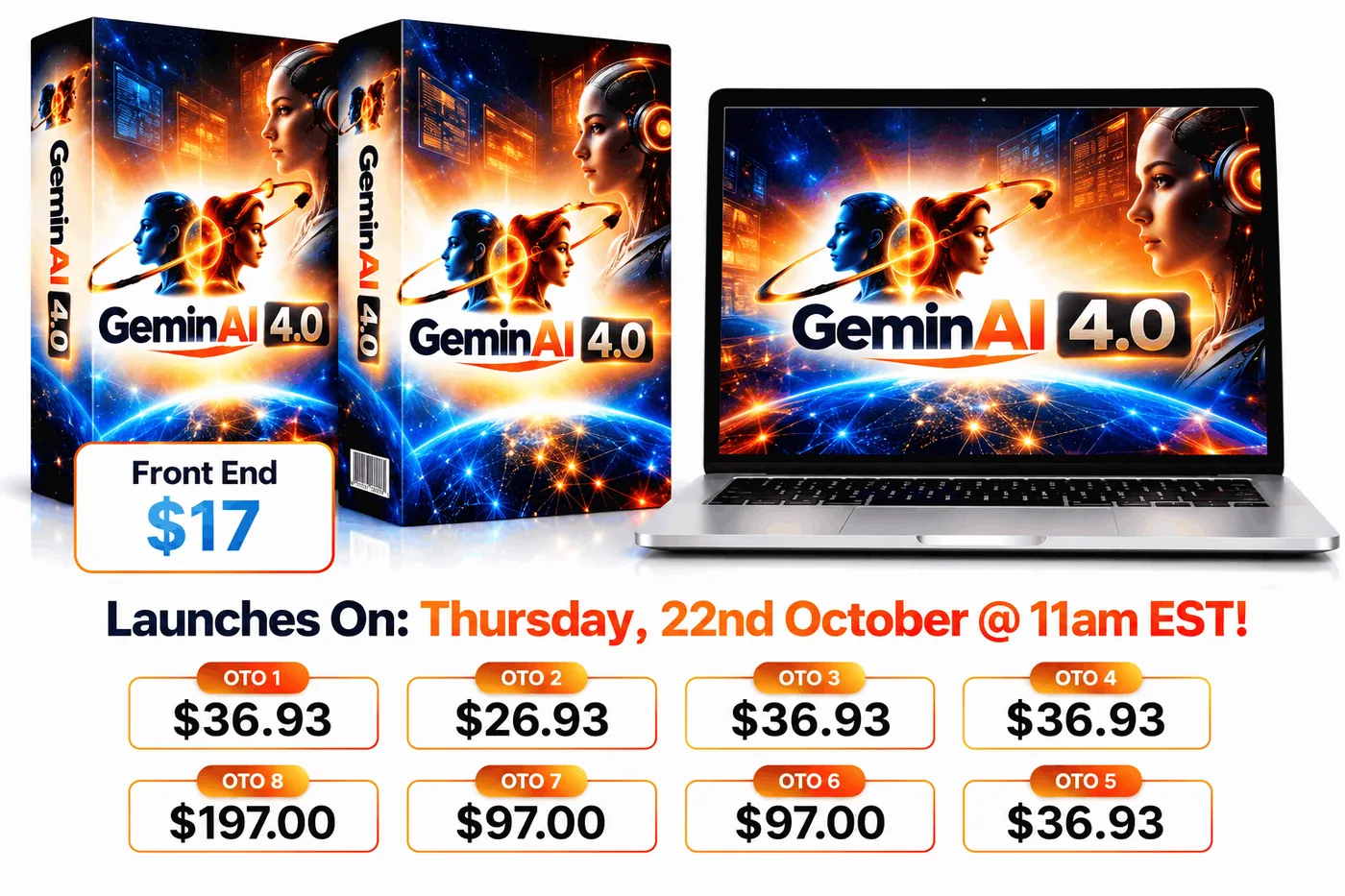GeminAI 4.0 OTO guide: the vendor funnel graphic with the $17 front end and eight OTO prices