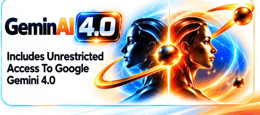 GeminAI 4.0 panel saying it includes unrestricted access to Google Gemini, shown with two face profiles