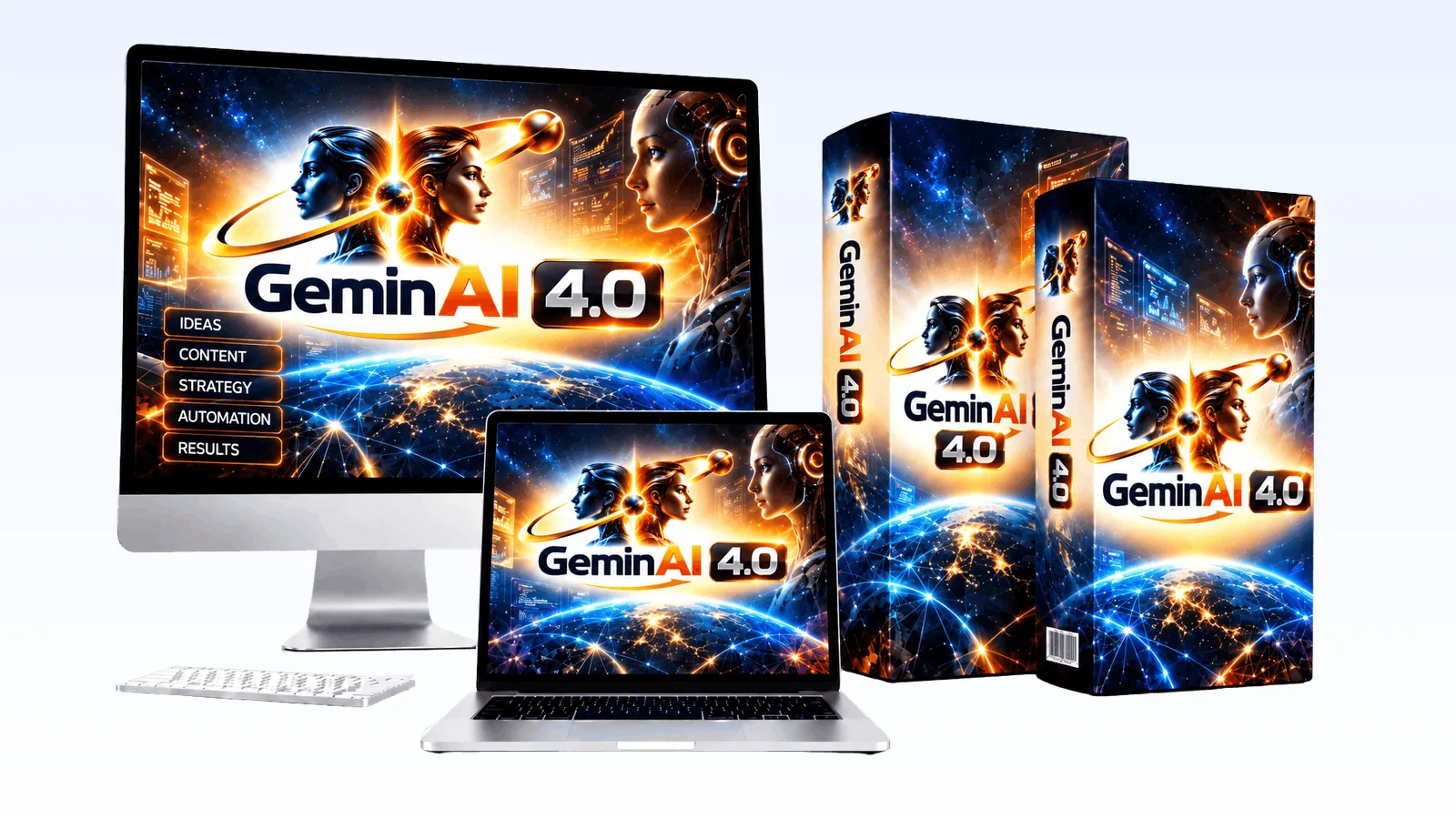 GeminAI 4.0 review: product boxes with a monitor and a laptop showing the GeminAI 4.0 logo