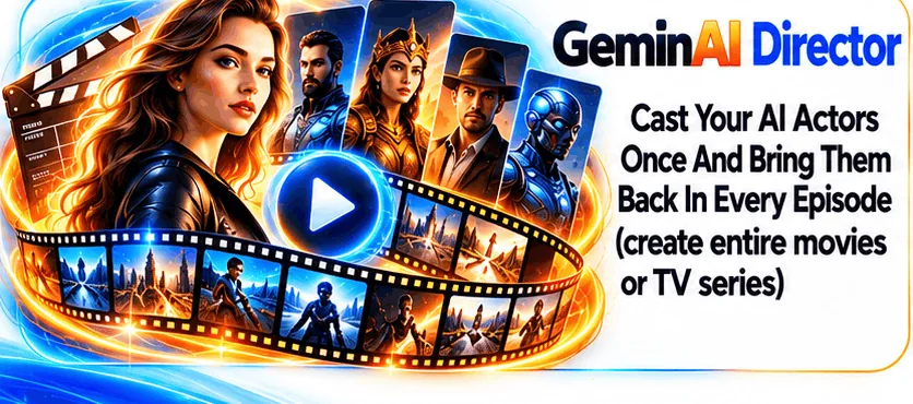 GeminAI Director panel: AI actors and a film strip for creating movies or TV series