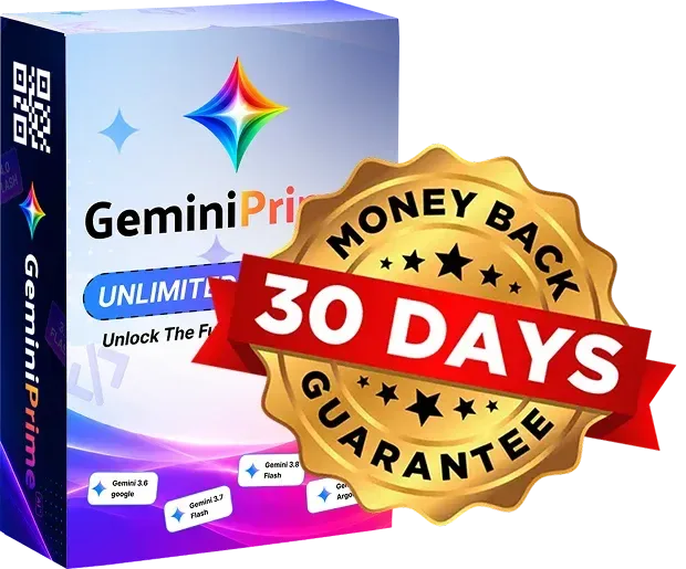 GeminiPrime AI product box with a 30 day money back guarantee seal
