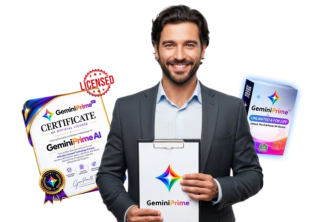 Man holding a commercial license certificate for GeminiPrime AI
