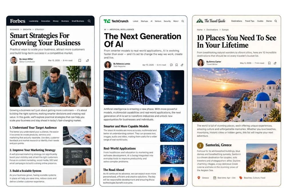 Example blog and article page layouts illustrating content creation with GeminiPrime AI
