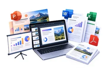 Presentation slides, Word and Excel document icons illustrating business documents made with GeminiPrime AI