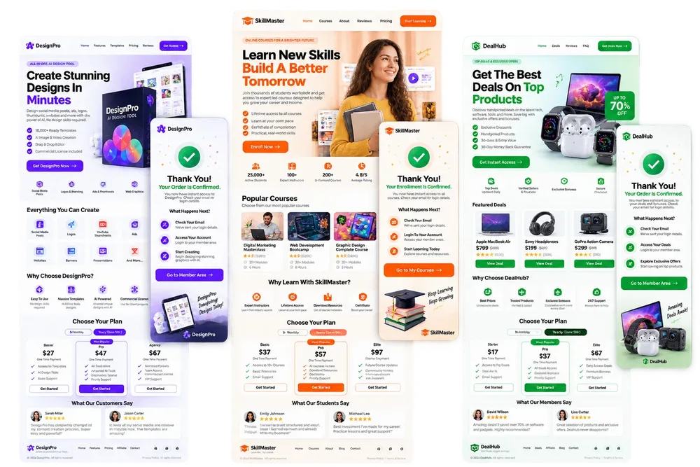 Example landing pages and sales funnel designs that GeminiPrime AI is shown creating