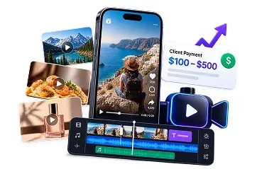 Phone video editing screen illustrating short video and promo creation with GeminiPrime AI