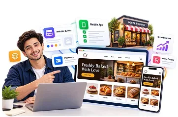 Person building a bakery website and mobile app, illustrating web app creation with GeminiPrime AI