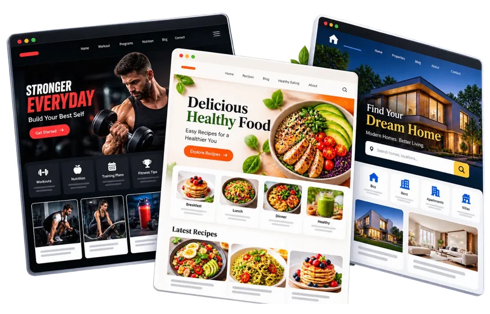 Example website designs for a gym, a food blog and a home business that GeminiPrime AI is shown creating
