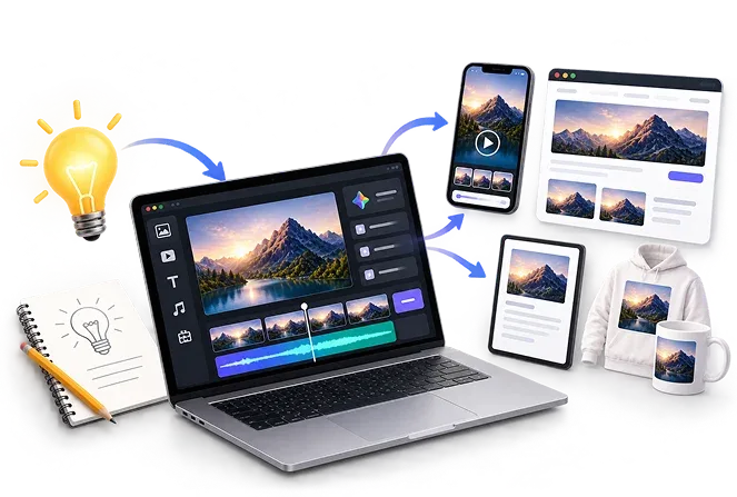 Idea lightbulb, laptop and finished designs on several devices showing one idea becoming a finished result with GeminiPrime AI