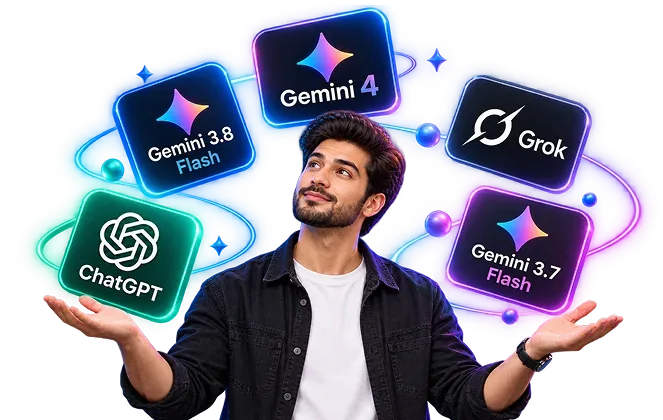 GeminiPrime AI graphic of a person with Gemini 4, Gemini 3.8 Flash, Gemini 3.7 Flash and other AI model icons