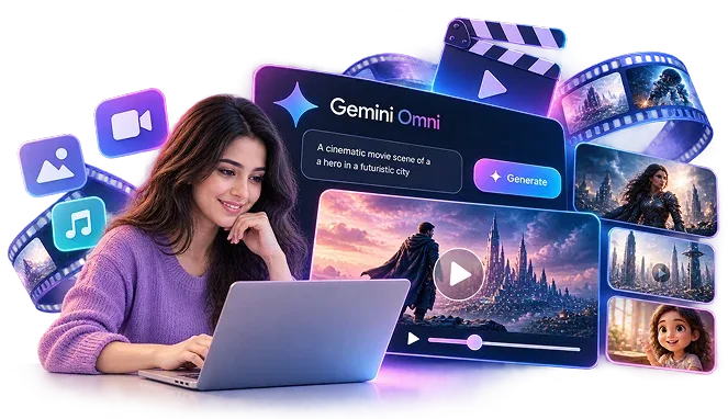 GeminiPrime AI video creation graphic showing a person editing cinematic scenes with Gemini Omni