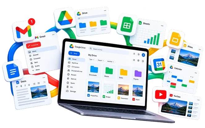 GeminiPrime AI graphic of Gmail, Docs, Sheets, Slides, Drive and other Google app icons around a laptop