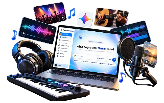GeminiPrime AI music creation graphic with headphones, a keyboard and a studio microphone