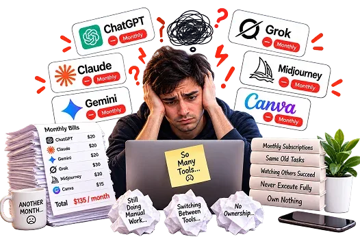 Stressed person surrounded by monthly AI subscription bills and tool logos, the problem GeminiPrime AI targets