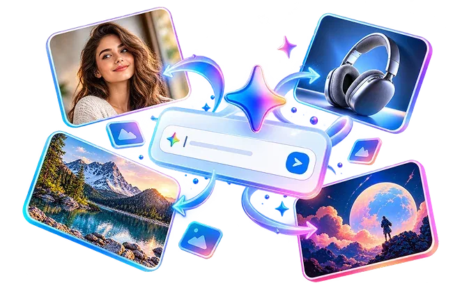 GeminiPrime AI image creation graphic with a prompt box and generated landscape and portrait images