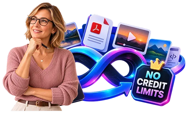 GeminiPrime AI graphic of a person with an infinity symbol and a no credit limits badge