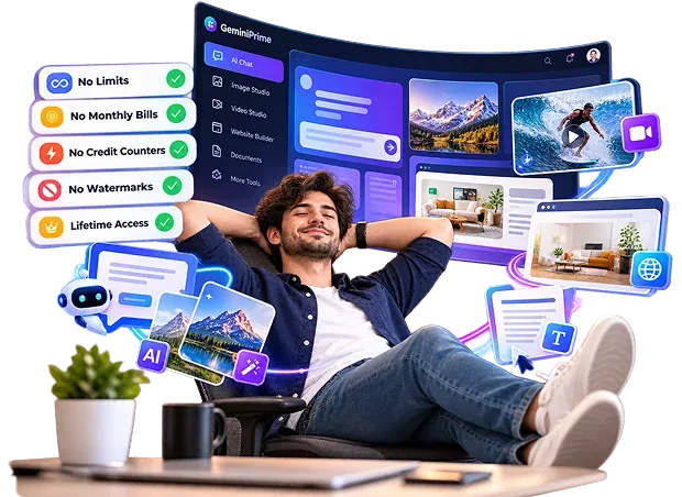 GeminiPrime AI workspace graphic with no limits, no monthly bills, no credit limits and lifetime access