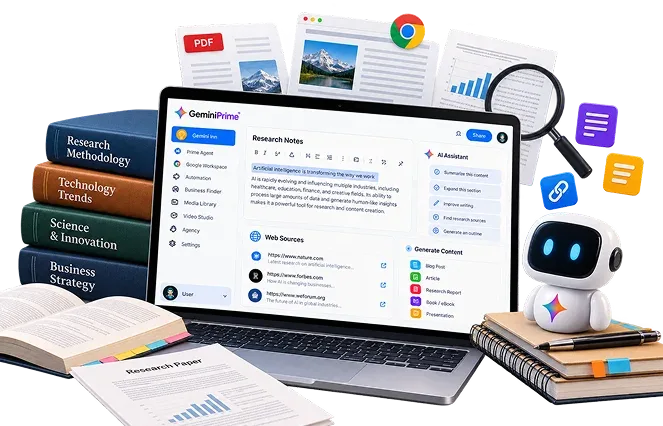 GeminiPrime AI research graphic with a laptop, books, documents and a friendly robot