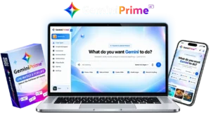 GeminiPrime AI review product mockup showing the Gemini AI workspace on a laptop, tablet and phone