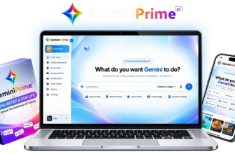 GeminiPrime AI review product mockup showing the Gemini AI workspace on a laptop, tablet and phone