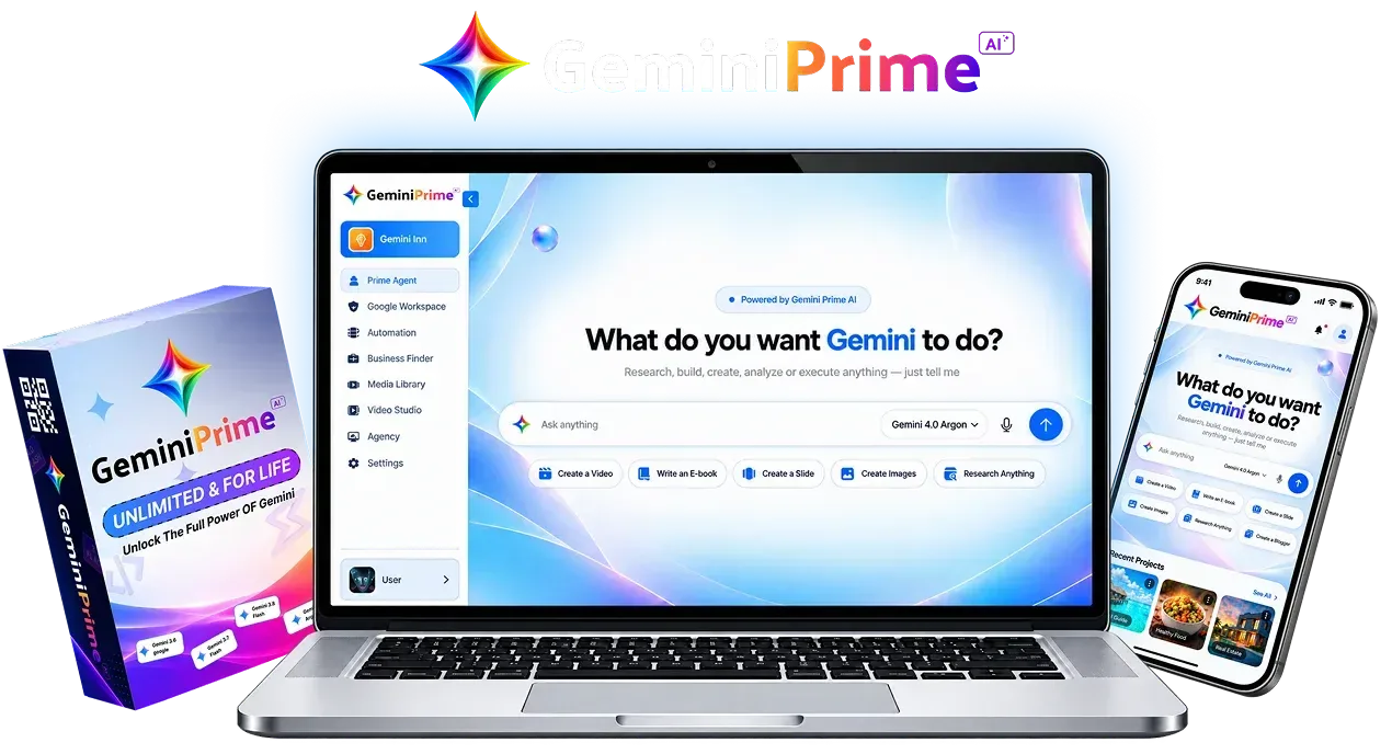 GeminiPrime AI review product mockup showing the Gemini AI workspace on a laptop, tablet and phone