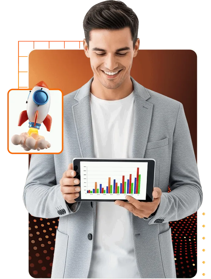 Sell AI content services: a smiling creator holding a tablet showing a growth chart