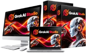 GrokAI Studio review product mockup showing the Grok AI dashboard on a desktop monitor, laptop and software boxes