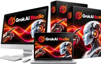 GrokAI Studio review product mockup showing the Grok AI dashboard on a desktop monitor, laptop and software boxes