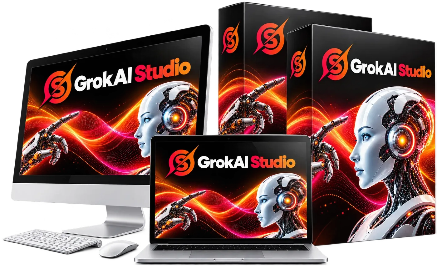 GrokAI Studio review product mockup showing the Grok AI dashboard on a desktop monitor, laptop and software boxes