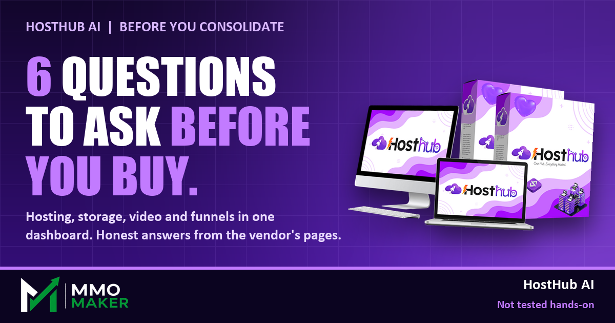 HostHub AI: 6 questions to ask before you buy a four-in-one hosting, storage, video and funnel dashboard, with the HostHub AI product mockup, MMO Maker
