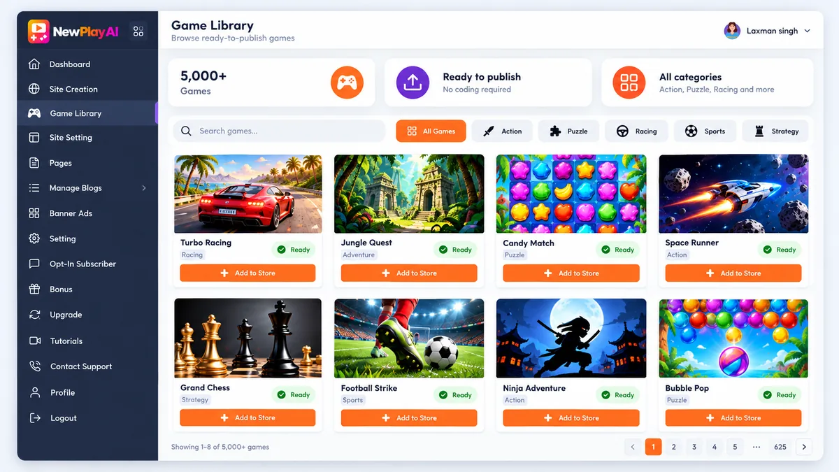 NewPlay AI game library screen listing 5,000+ done-for-you games ready to publish