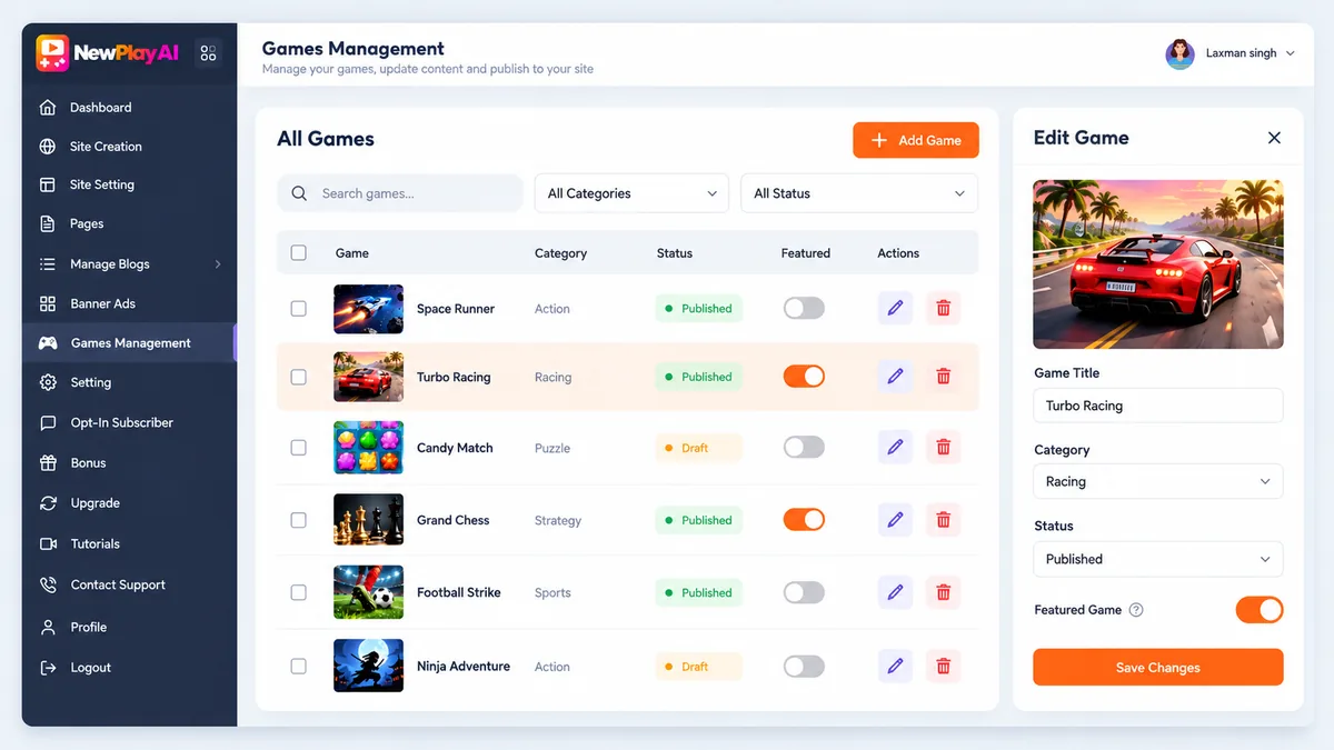 NewPlay AI games management screen to add, edit and fetch games remotely