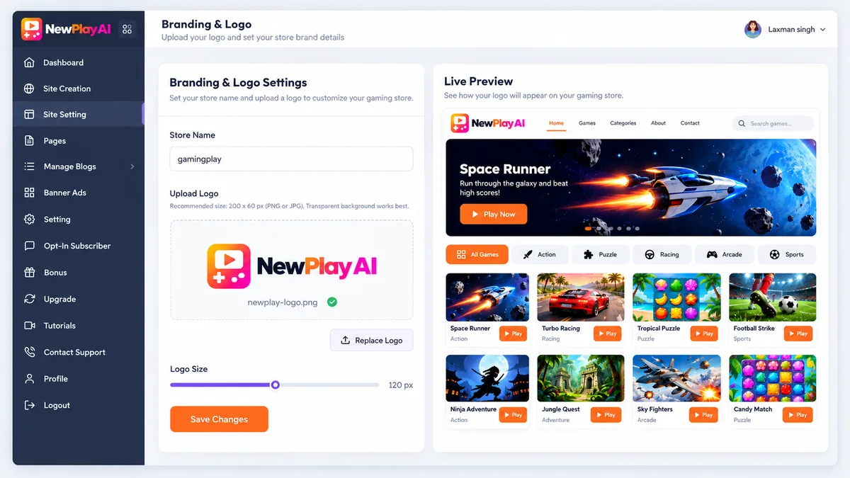 NewPlay AI branding settings for store logo, title and description with live preview