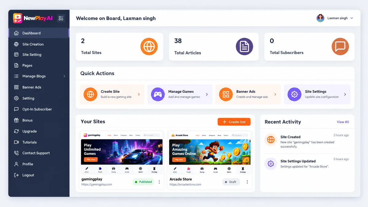 NewPlay AI centralized dashboard with sites, quick actions and recent activity