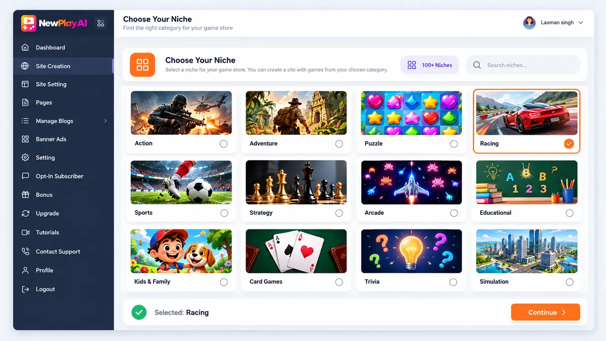 NewPlay AI niche picker with gaming niches such as action, puzzle, racing, sports and kids