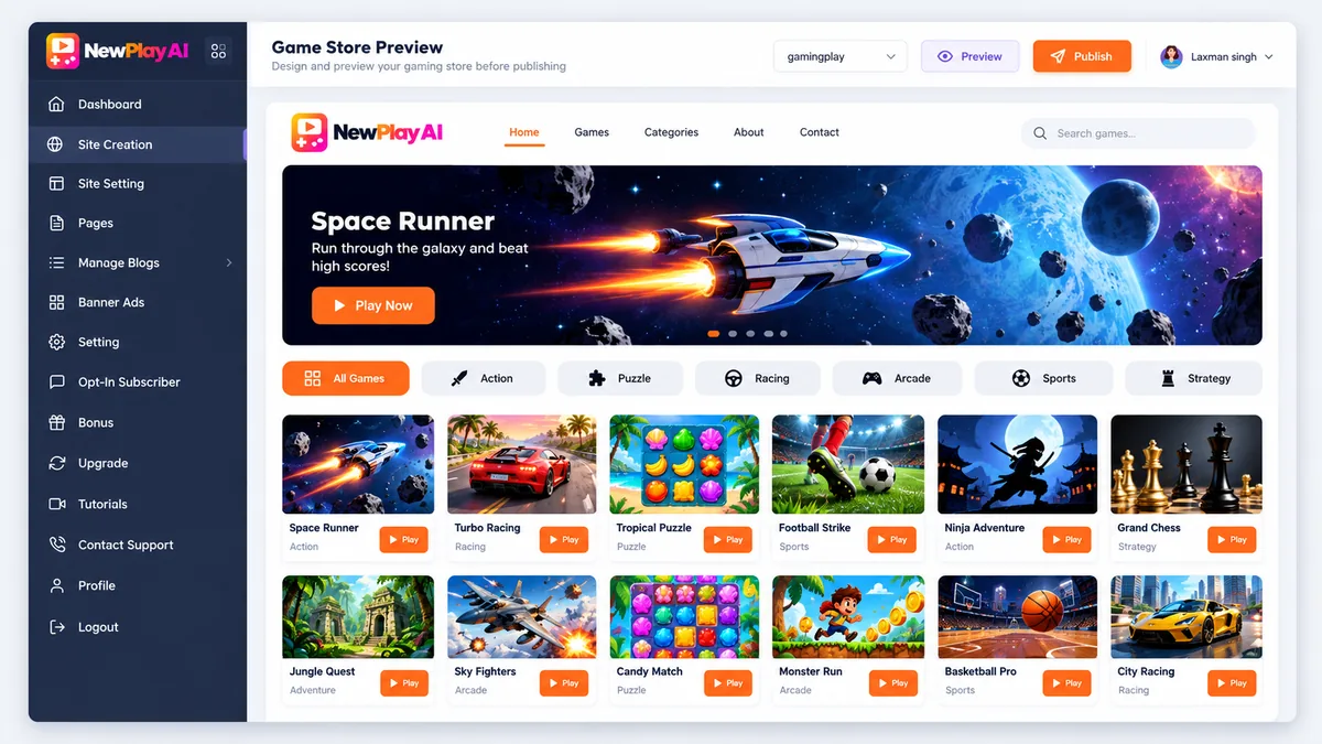 NewPlay AI dashboard showing a fully loaded gaming store preview with preloaded games