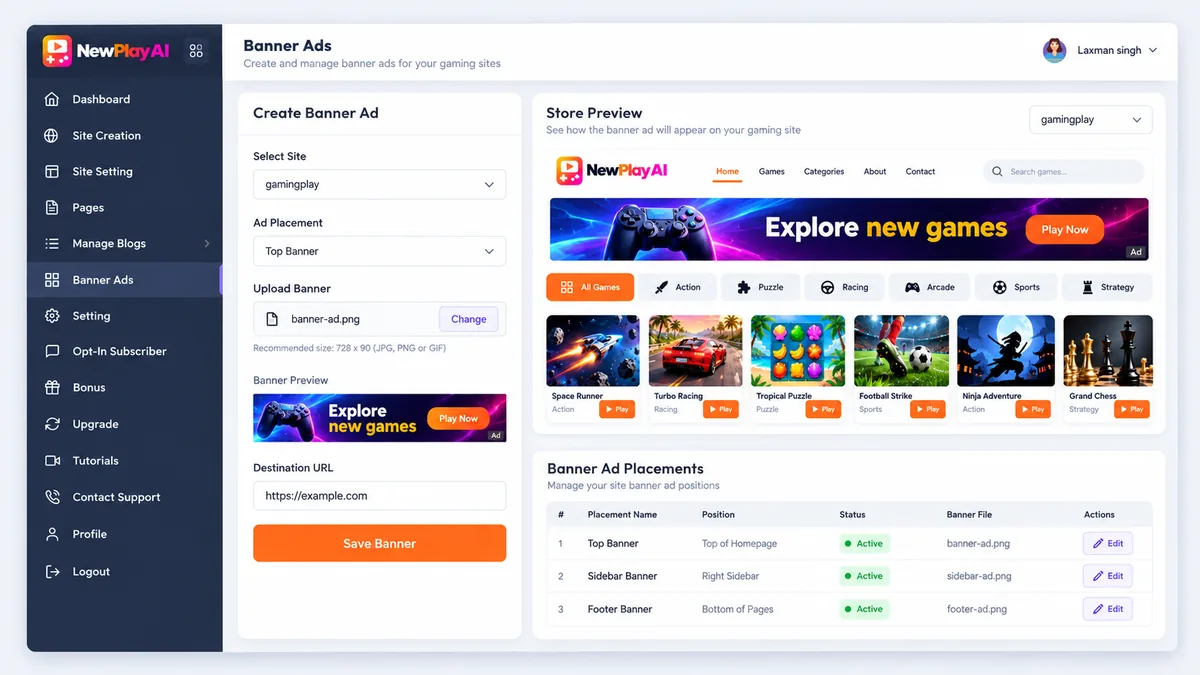 NewPlay AI monetization screen for banner ad placements on a gaming store