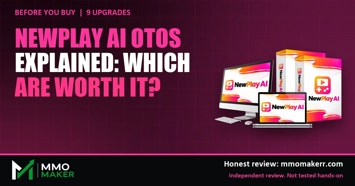 NewPlay AI OTOs explained: all 9 upgrades and the Business Edition add-on, featured image with the NewPlay AI product mockup