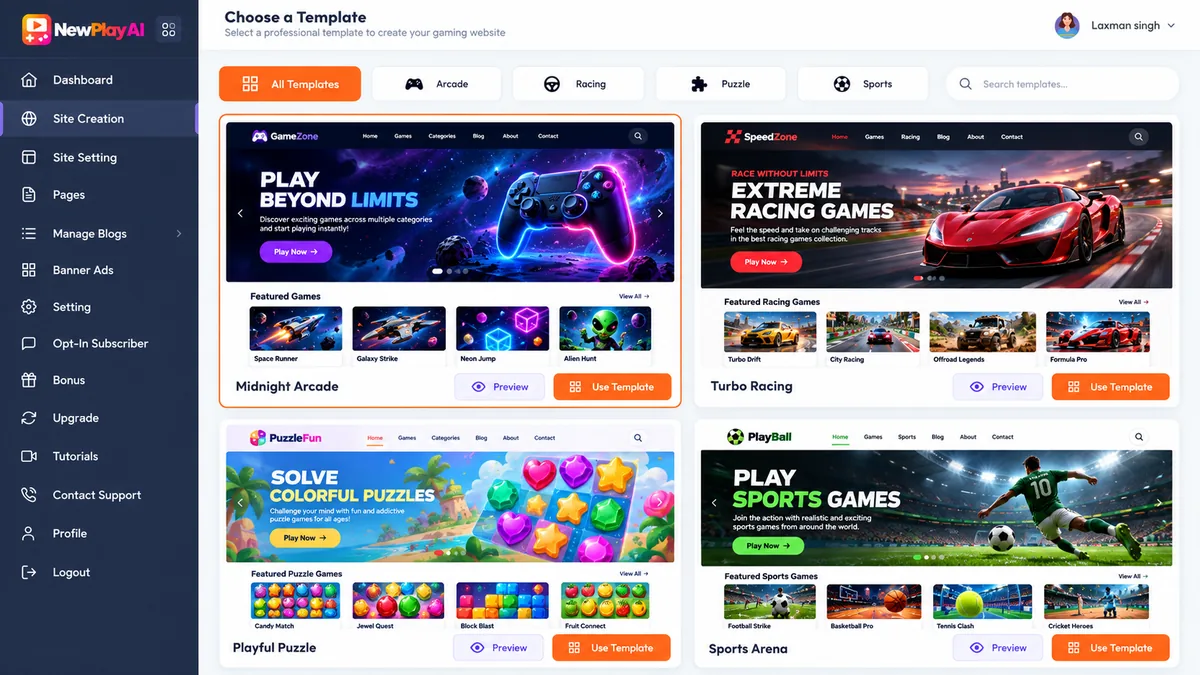 NewPlay AI template picker with premium gaming store designs